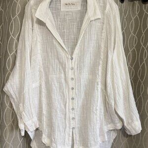 Free people M Lagenlook sheer gauzy top blouse patchwork raw hems boho button up